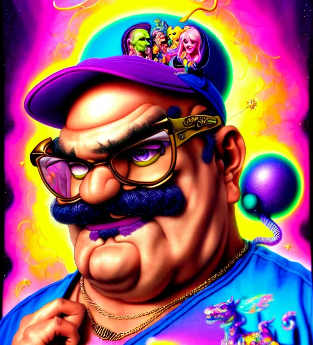 Image similar to lisa frank pattern fantasy character portrait of wario from mario brothers, ultra realistic, wide angle, intricate details, blade runner artifacts, highly detailed by peter mohrbacher, wayne barlowe, boris vallejo, hajime sorayama aaron horkey, gaston bussiere, craig mullins