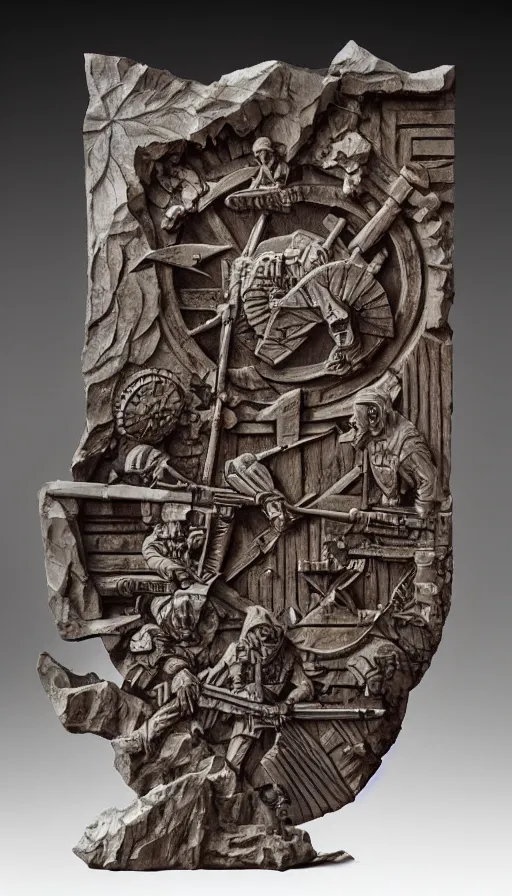 Image similar to the war portal highly detailed carving on southern ice porcelain, partially crystallized, guns, blood, woodfired, art gallery