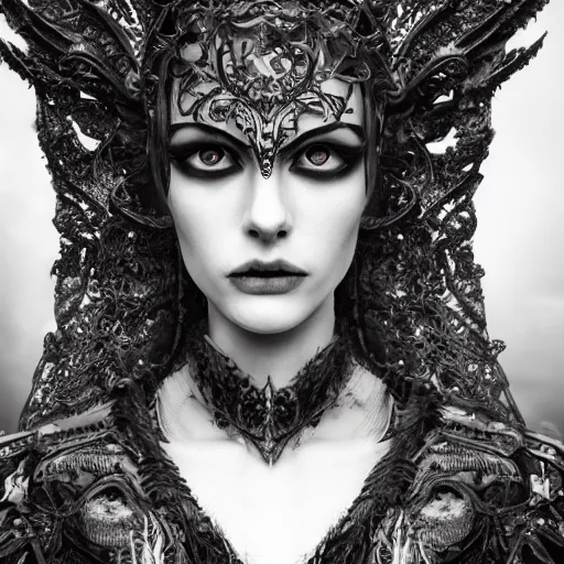 Image similar to a portrait of female model by stefan geselle and nekro borja, photorealistic, intricate details, hyper realistic, dark fantasy, ornate headpiece, dark beauty, photorealistic, canon r 3, photography, wide shot, photography, dark beauty, symmetrical features, unreal engine