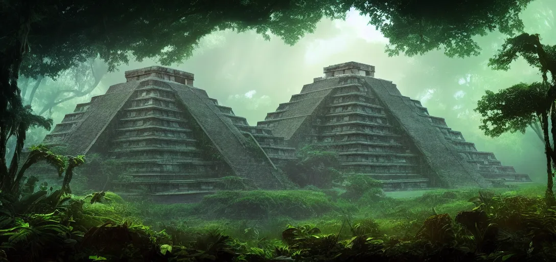 Prompt: dramatic view of an overgrown ruined ancient mayan temple, vivid trees with winding branches, glowing colored fog, haze, unreal engine, dramatic lighting, detailed, ambient occlusion, global illumination, god rays, 3 d artstation render by noah bradley and jordan grimmer