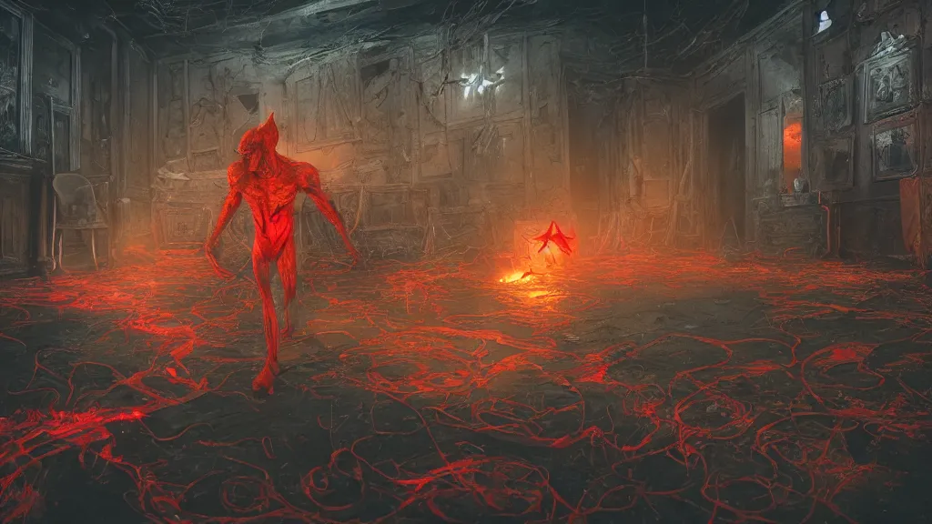 Prompt: the red goblin get killed by a sigil scribbled on the ground, inside a haunted destroyed house, the sigil is shining yellow light, trending on artstation, wide view, cinematic view, cinematic, 8 k, digital photo, unreal engine, colored paint, colorful paint, scary style