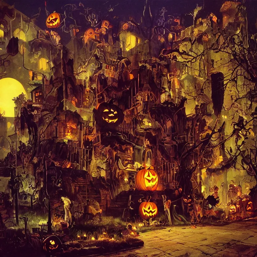 Image similar to halloween scene in a suburban neighborhood, surrounded by ancient monoliths with glowing runes. highly detailed science fiction painting by norman rockwell, frank frazetta, and syd mead. rich colors, high contrast, gloomy atmosphere, dark background. trending on artstation