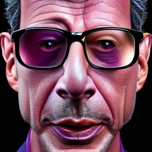 Image similar to close - up jeff goldblum face fused with violet plum, mixed jeff goldplum, fusion jeff goldblum sentient fruit, plum with face of jeff goldblum, highly detailed, unreal engine, 3 d art, digital art, painting by greg rutkowski