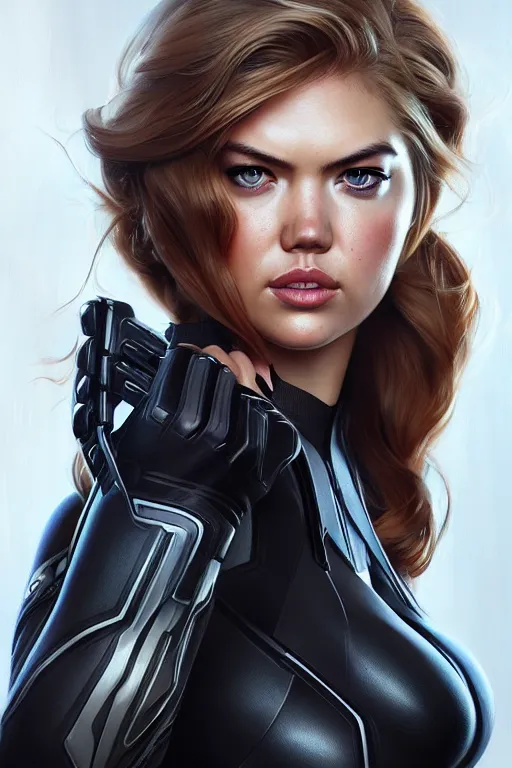 Image similar to kate upton as black widow, realistic portrait, symmetrical, highly detailed, digital painting, artstation, concept art, smooth, sharp focus, illustration, cinematic lighting, art by artgerm and greg rutkowski and alphonse mucha