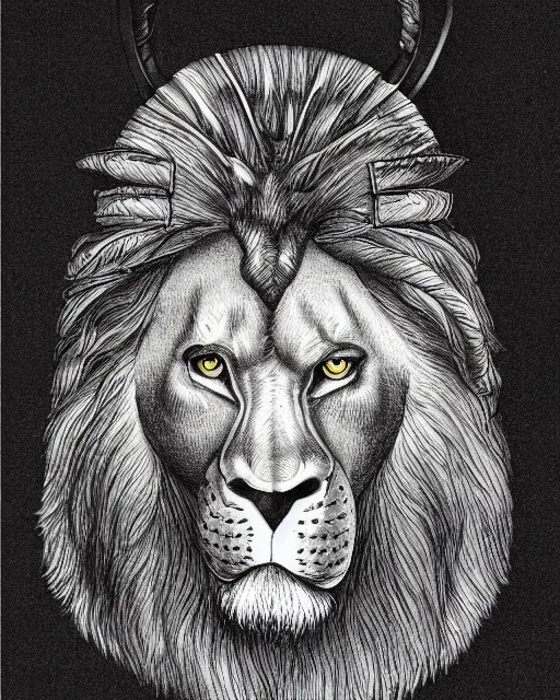 Image similar to a creature with the body and eyes of a man, beak of an eagle instead of the nose, the mane of a lion, two horns of an ox on the head. drawn by miura kentaro