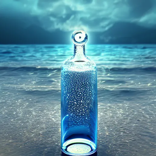 Image similar to surreal 3 d art of a human head in a bottle, on the ocean water, futuristic, glowing, hyper realistic, ray tracing, realistic water splashes, sharp focus, long shot, 8 k resolution, cinematic, photoshop art