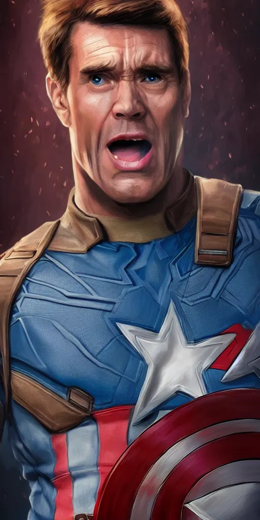 Image similar to captain america played by jim carrey, face portrait, battle shot, hd shot, fantasy art, artstation, comic style