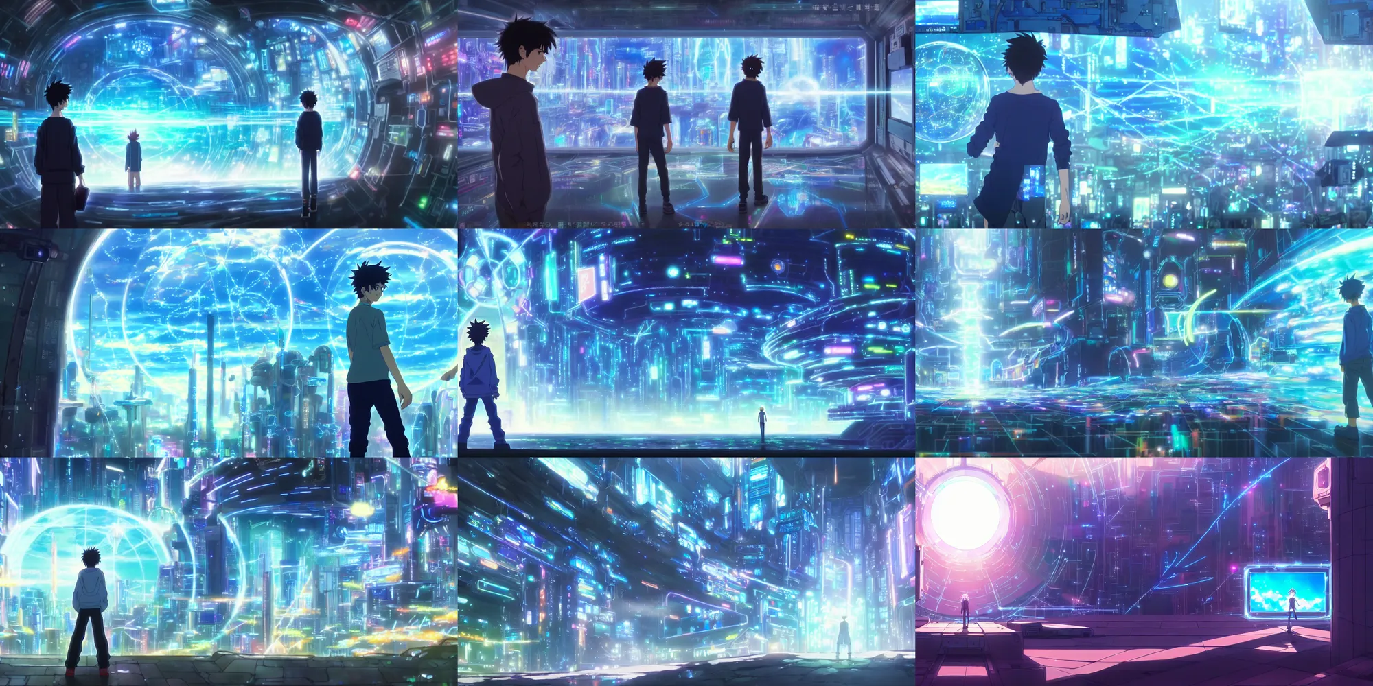 Prompt: painting of near future technological world, magical realism, looking through the prism at the digital world, ready player one anime by makoto shinkai, screenshot from the Kyoto Animation anime about the boy who wears nervegear, augmented reality, real life blended with digital world