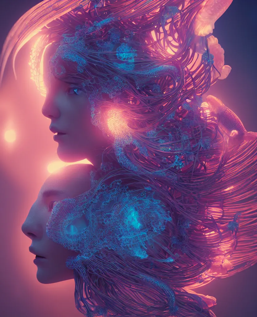 Image similar to goddess close-up portrait. jellyfish phoenix head, nautilus, orchid, skull, betta fish, bioluminiscent creatures, intricate artwork by Tooth Wu and wlop and beeple. octane render, trending on artstation, greg rutkowski very coherent symmetrical artwork. cinematic, hyper realism, high detail, octane render, 8k