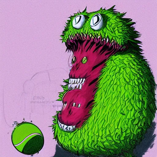 Image similar to a tennis ball monster with a big mustache, digital art, fantasy, magic, trending on artstation, ultra detailed, professional illustration by Basil Gogos