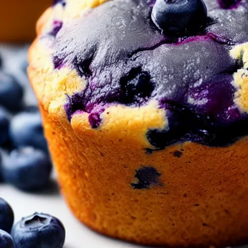 Prompt: A close-up photo of a blueberry muffin that appears to look like a puppy face