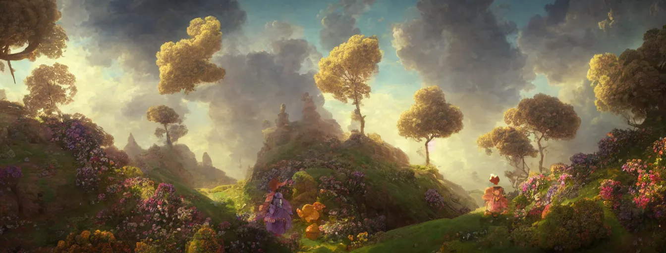 Prompt: a beautiful landscape painting of steampunk landscape, a junk nebula in the sky, galaxies visible, giant trees and colourful flowers, a tiny girl looking on with her talking cat, by jean - honore fragonard and don bluth and makoto shinkai, light rays, trending on artstation, octane render