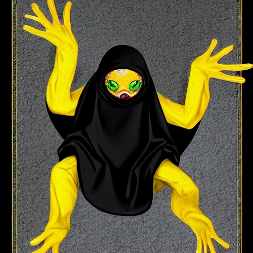 Prompt: yellow humanoid gecko wearing a black cloak ; hood pulled over head ; large eyes ; yellow skin ; fantasy race