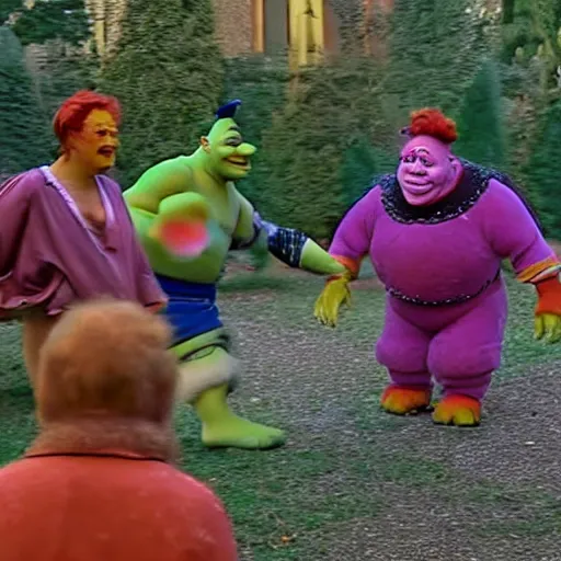 Prompt: Shrek vs a bunch of clowns in a nursing home real home video 720p archival footage dvd rip