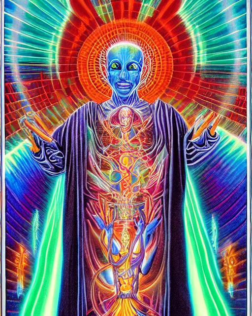 Image similar to blue glowing alien high priest god at the altar by alex grey