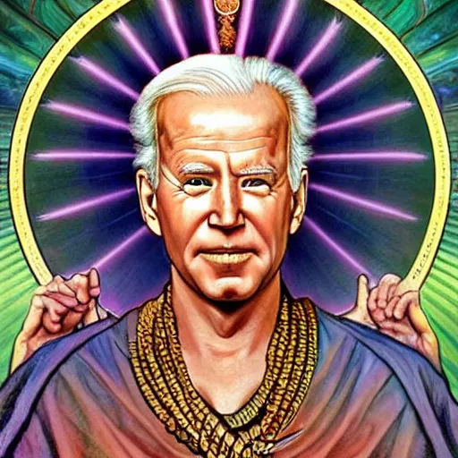 Prompt: bodhisattva joe biden by alex grey, jon mcnaughton, alphonse mucha, rembrandt, and william blake