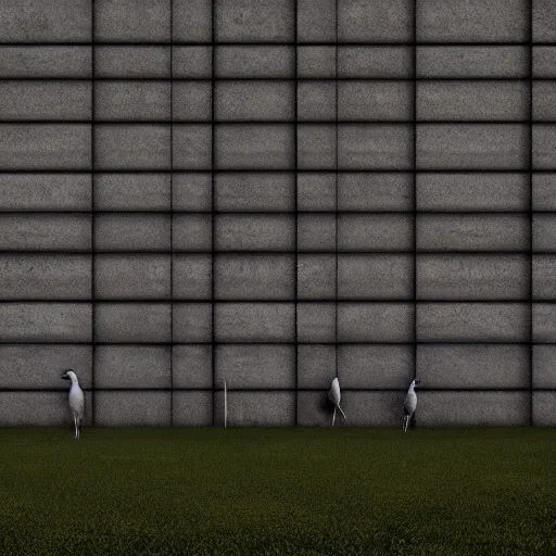 Image similar to an endless very tall wall, in a field, birds, dystopian, grim, dark, full frame camera, 1 9 9 0 s, award - winning photograph, octane render, 4 k