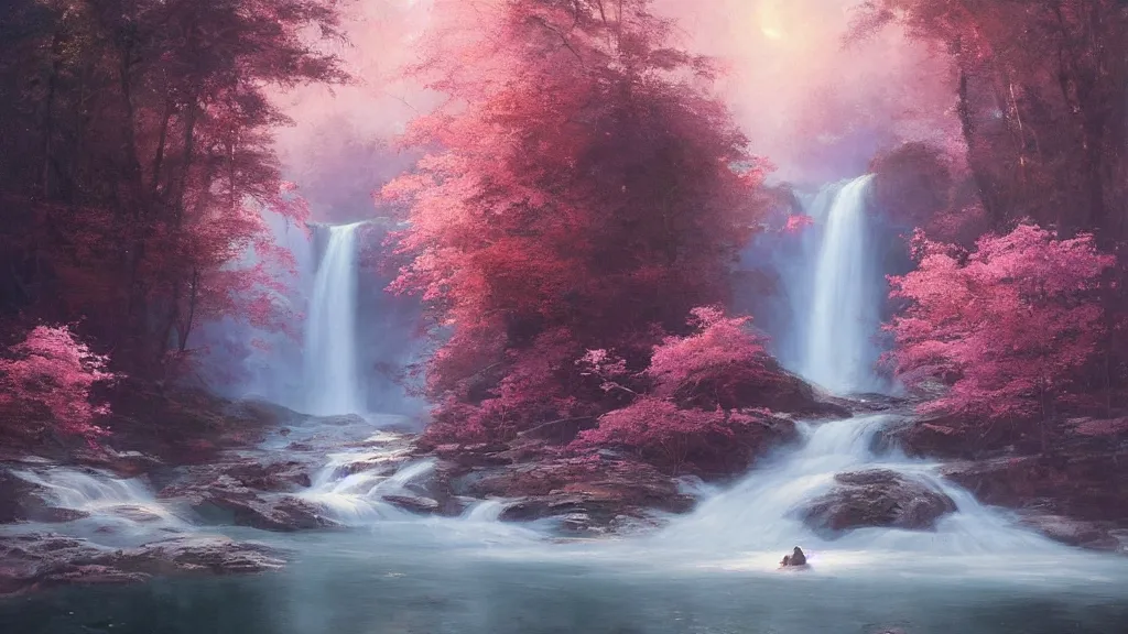Prompt: the most beautiful abstract painting, where a giant dreamy waterfall creates a river, the trees around are starting to bloom in pink color, a ray light of the sunset is brightening the subject, by greg rutkowski