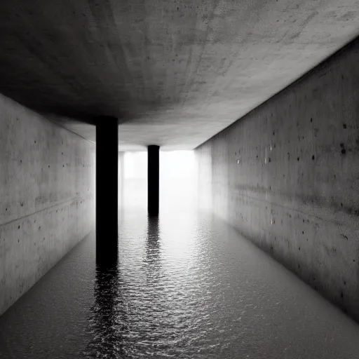 Prompt: underground flooded concrete structure, minimalist architecture, surreal, liminal space, angled walls, high ceiling,