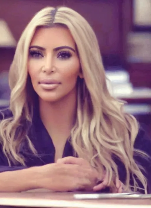 Image similar to film still of kim kardashian as a hot blonde teacher, leaning over a table, cinematic lighting,