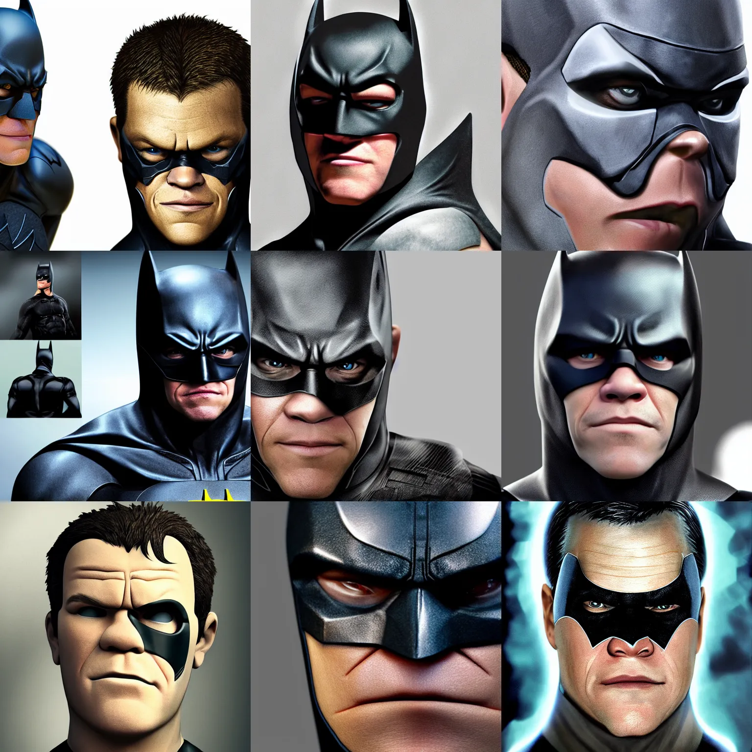 Prompt: character design, matt damon, in batman suit with mask, 2 d concept art head macro shot