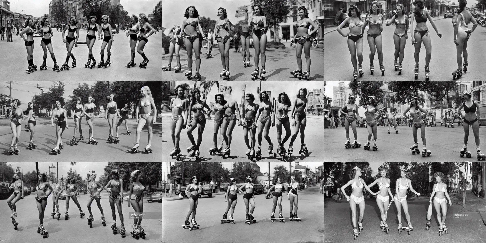 Prompt: 1 9 4 4 bikini models rollerblading on the streets