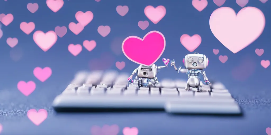 Prompt: a super cute tiny miniature realistic shiny robot typing on a keyboard with a deep blue fiber optical network in the background and lots of cute pink hearts floating around the realistic picture