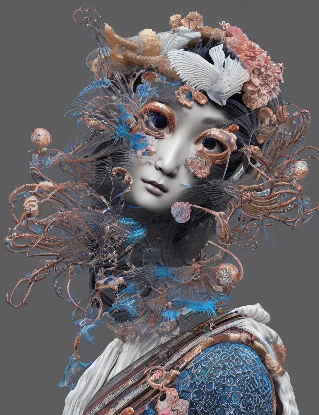 Image similar to 3 d goddess in robe close - up profile portrait with ram skull. beautiful intricately detailed japanese crow kitsune mask and clasical japanese kimono. betta fish, jellyfish phoenix, bio luminescent, plasma, ice, water, wind, creature, artwork by tooth wu and wlop and beeple and greg rutkowski