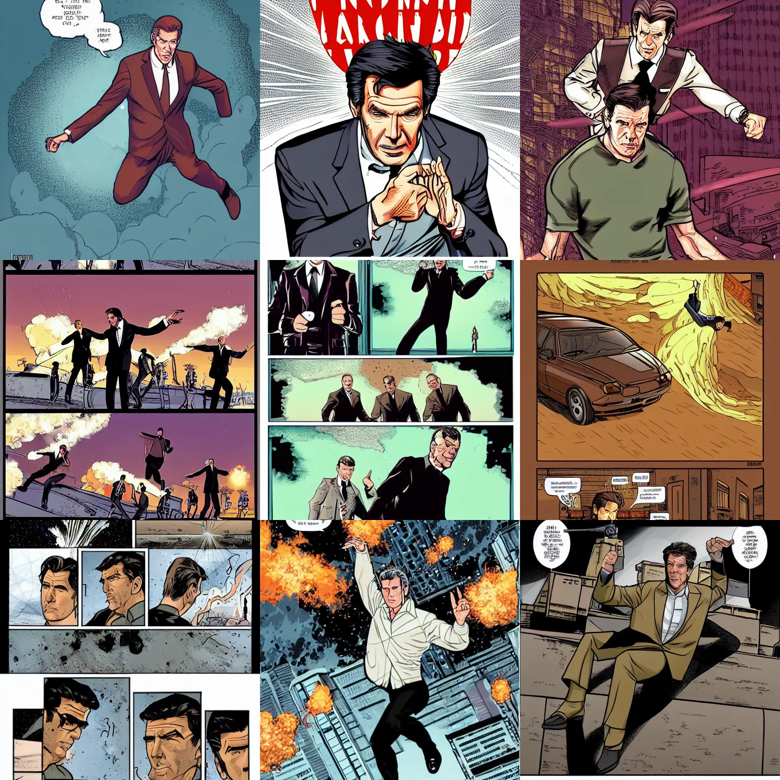 Prompt: centered cell shaded! pierce brosnan 0 0 7 jumping an explosion llustration, art by laurie greasley