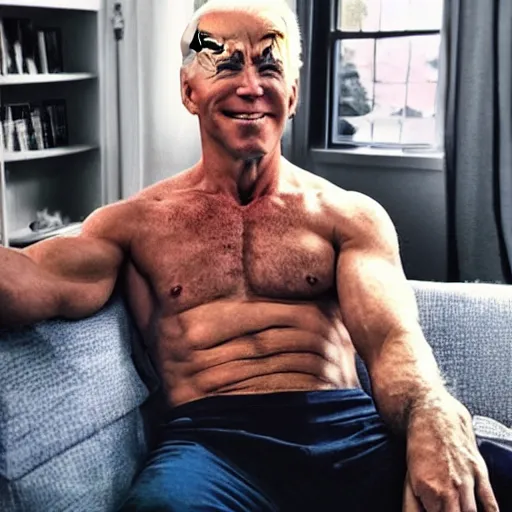 Prompt: a selfie of a shirtless, muscular, handsome joe biden, laying seductively on a couch. photo taken on an iphone 1 2.