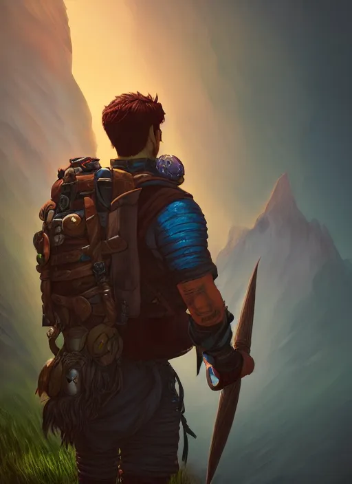 Image similar to an epic fantasy comic book style portrait painting of a male fantasy explorer in the wilds with a backpack and map, unreal 5, daz, hyperrealistic, octane render, cosplay, rpg portrait, dynamic lighting