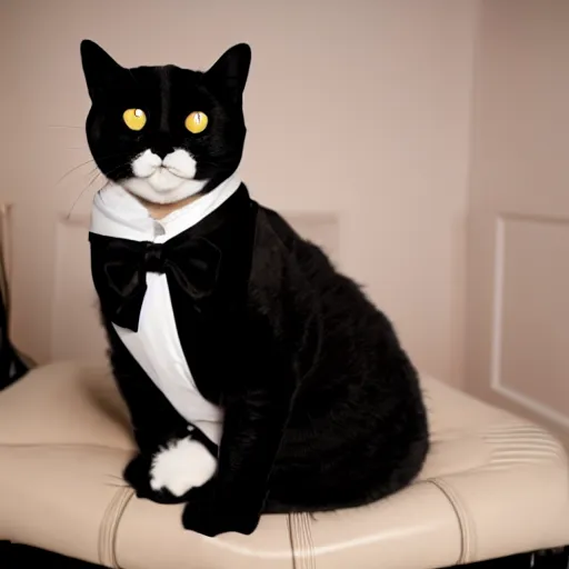 Image similar to photograph of a very fat and judgmental cat wearing a full tuxedo sitting in a dimly lit parlor lounge