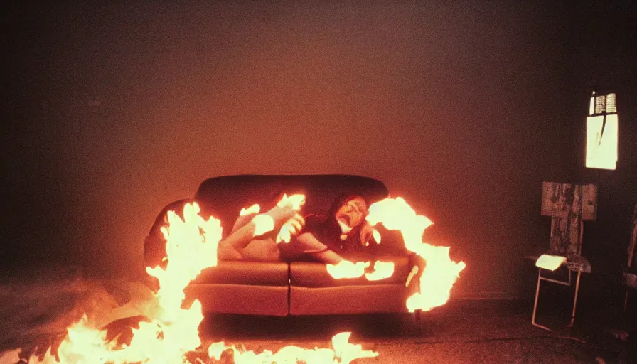 Prompt: 7 0 s film still from a horror movie about a person sitting on a burning couch, kodachrome, cinecolor, cinestill, film grain, film texture, retro, cinematic, high resolution, photorealism,