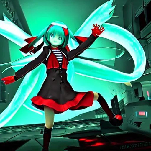 Image similar to Hatsune miku killing demons in the doom 2016 universe, ultra detailed, epic composition, game screenshot, epic light, hell