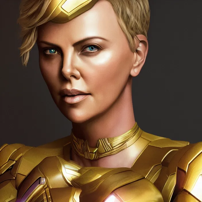 Image similar to portrait of (Charlize Theron), wearing The Infinity Gauntlet. intricate artwork. octane render, trending on artstation, very coherent symmetrical artwork. avengers. thanos. cinematic, hyper realism, high detail, octane render, 8k, iridescent accents