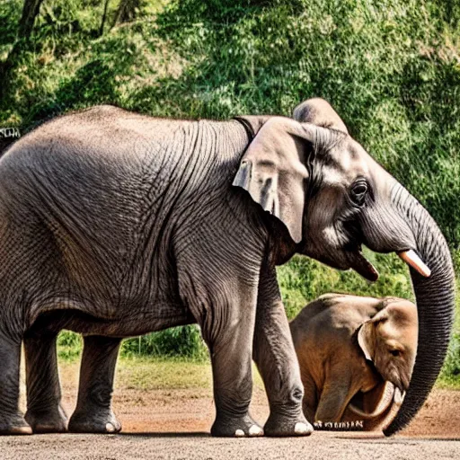 Image similar to a Elephant-Pug Hybrid, A Elephant that looks like a pug, huge tusks, afternoon hangout, good times photograph, candid