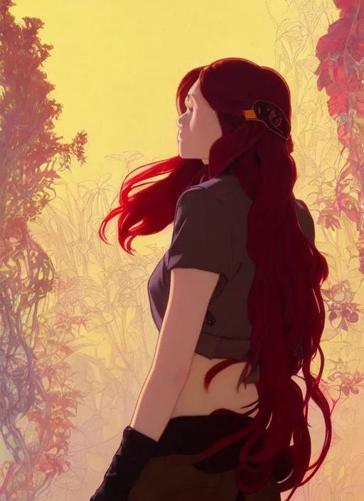 Prompt: pretty young woman with shoulder length shiny shimmering dark red hair and wearing a stuffed leather jacket with neon, path traced, highly detailed, high quality, digital painting, by studio ghibli and alphonse mucha, leesha hannigan, makoto shinkai, disney
