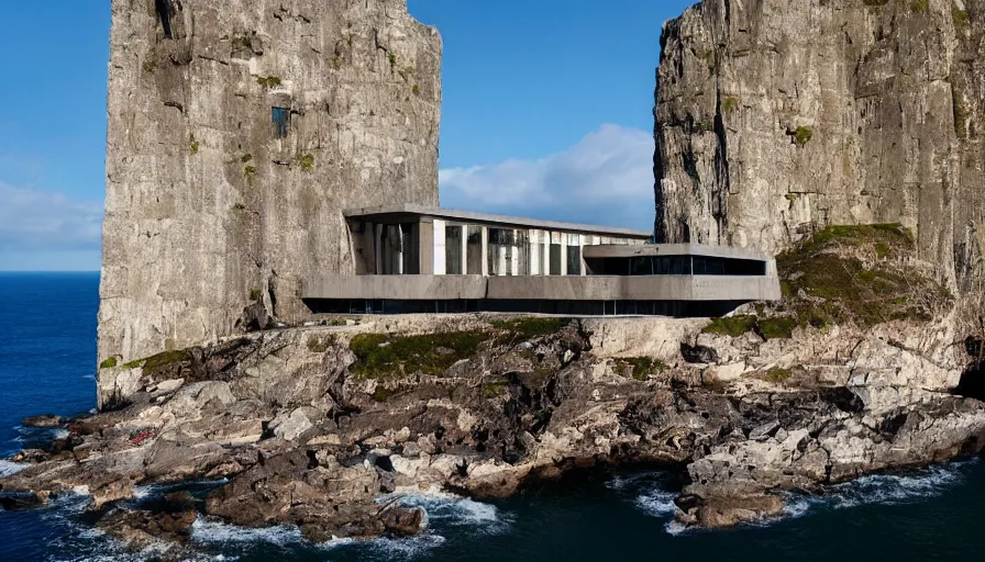 Image similar to brutalist base perched on a cliff overlooking a magnificient bay, brutalism architecture on cliffs, drawing architecture, pritzker architecture prize, cliffs crashing into the water below, cliffside, greig fraser