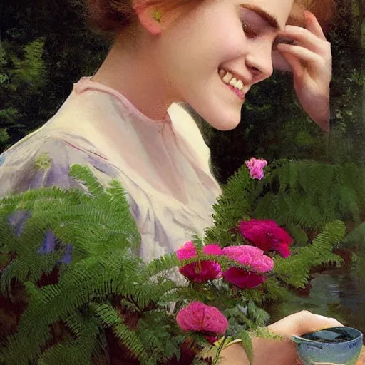 Image similar to sleeping thick paint brush strokes full body fashion model smiling emma watson by Jeremy Lipking by Hasui Kawase by Richard Schmid (((smokey eyes makeup eye shadow fantasy, glow, shimmer as victorian woman in a long white frilly lace dress and a large white hat having tea in a sunroom filled with flowers, roses and lush fern flowers ,intricate, night, highly detailed, dramatic lighting))) , high quality