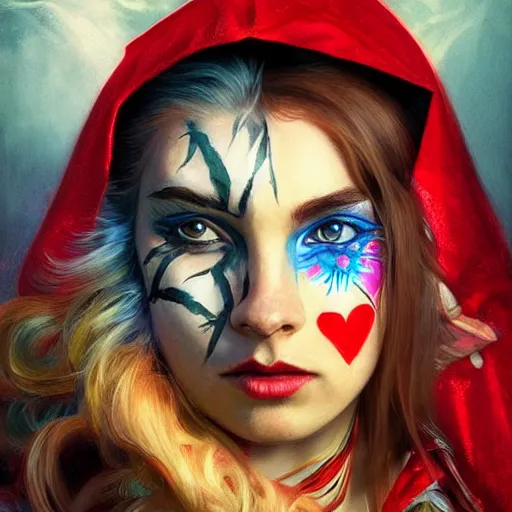 Image similar to Beautiful face Portrait of Little Red Riding Hood with a rainbow panther, face painting, dramatic lighting, intricate, wild, highly detailed, digital painting, artstation, concept art, smooth, sharp focus, illustration, art by artgerm and greg rutkowski and alphonse mucha, footage from space camera
