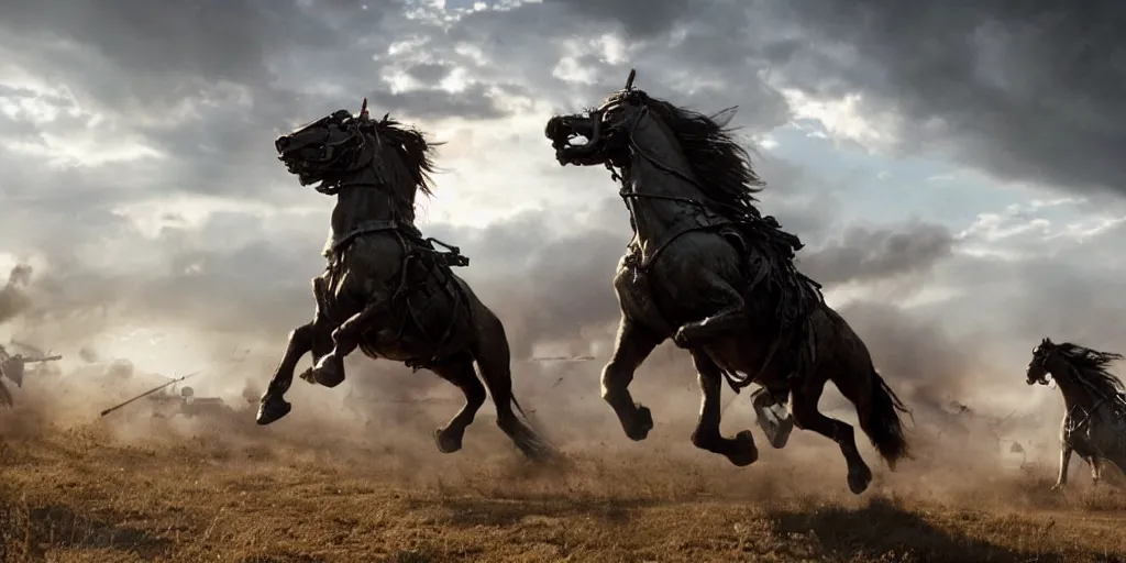 Image similar to a promotional movie still from terminator ( t 2 ) depicting the battle of the little bighorn. majestic horses, action scene, an epic fantasy, dramatic lighting, cinematic, extremely high detail, photorealistic, cinematic lighting, artgem, trending on artstation, cgsociety, rendered in unreal engine, 4 k, hq, digital art