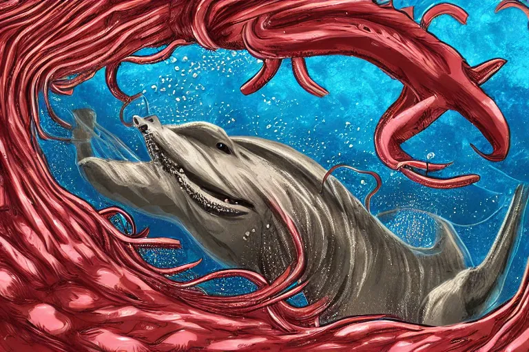 Prompt: a horse trying to swim underwater, attacked by a giant squid, in underwater cavern, digital art