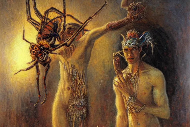 Prompt: portrait of the personification of anansi, the spider god. art by gaston bussiere.