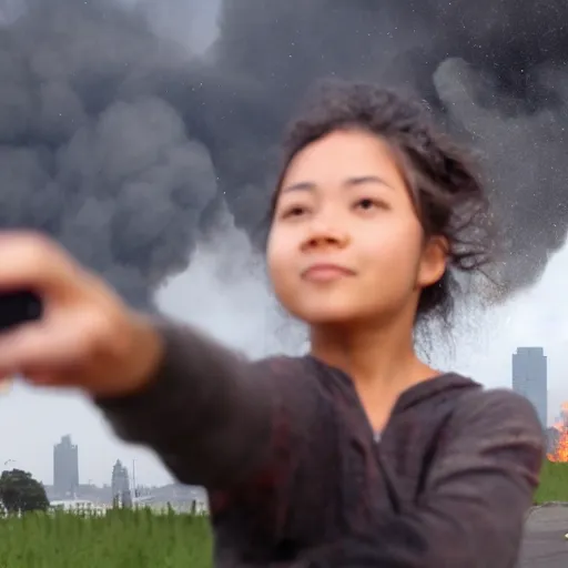 Prompt: girl taking selfie while city burns in background