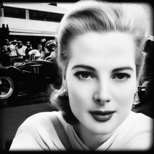 Image similar to selfie smartphone photo of a young Grace Kelly at the Monaco Gran Prix, F1 cars blurred in background, iphone photo, smartphone resolution, trending on instagram, influencer photography