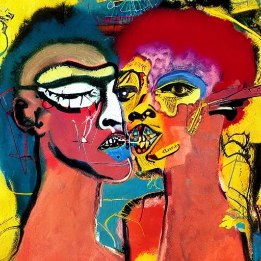 Prompt: beautiful painting of two bizarre psychedelic women kissing each other closeup in a cafe in japan, speculative evolution, mixed media collage by basquiat and jackson pollock, magazine collage art, sapphic art, lesbian art