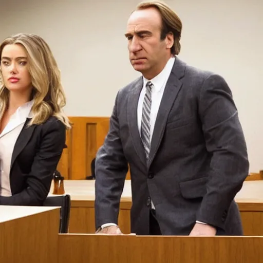 Prompt: Saul Goodman in a courtroom with Amber Heard