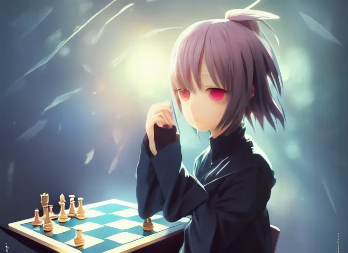 Image similar to rimuru playing chess, with gold eyes, sky blue straight hair, bangs, wearing a black jacket, high collar, concept art, award winning photography, digital painting, cinematic, by wlop, anime key visual, wlop, pixiv, 8 k, by ross tran, tom bagshaw, ilya kuvshinov,