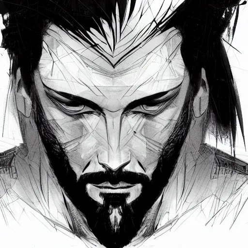 Image similar to concept art character, very high angle view, book cover, very attractive man with beard, walking in cyberpunk valley highly detailed full body, strong masculine features, sturdy body, command presence, royalty, smooth, sharp focus, organic, appealing, book cover, deep shadows, by Dave McKean, borderlands 3, sketch lineart for character design