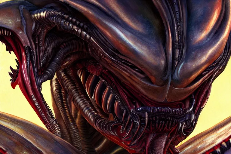 Image similar to xenomorh king alien facing right, xenomorph queen alien left, side 2 d view, highly detailed, oil painting, crisp quality and light reflections, 4 k resolution